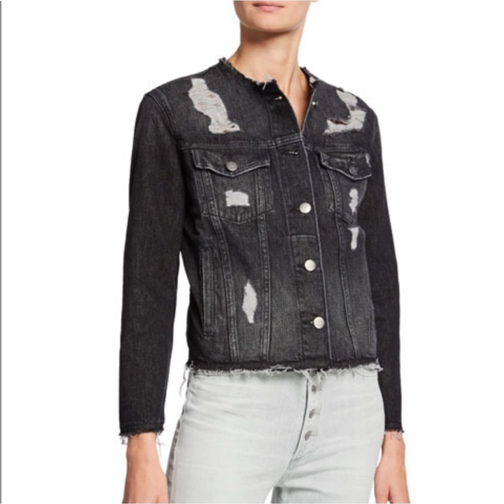 Distressed black denim jacket by Frame